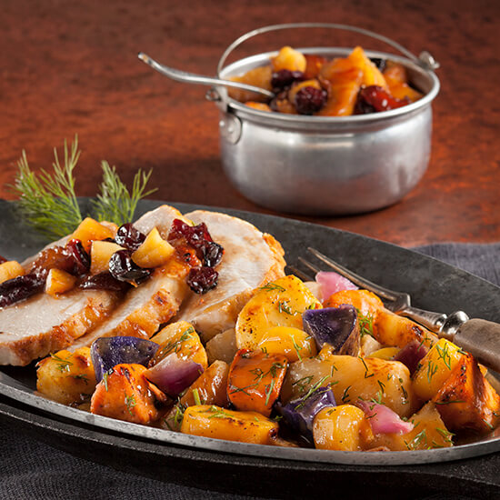 Braised Pork and RoastedRoot Vegetables with Fruit Compote
